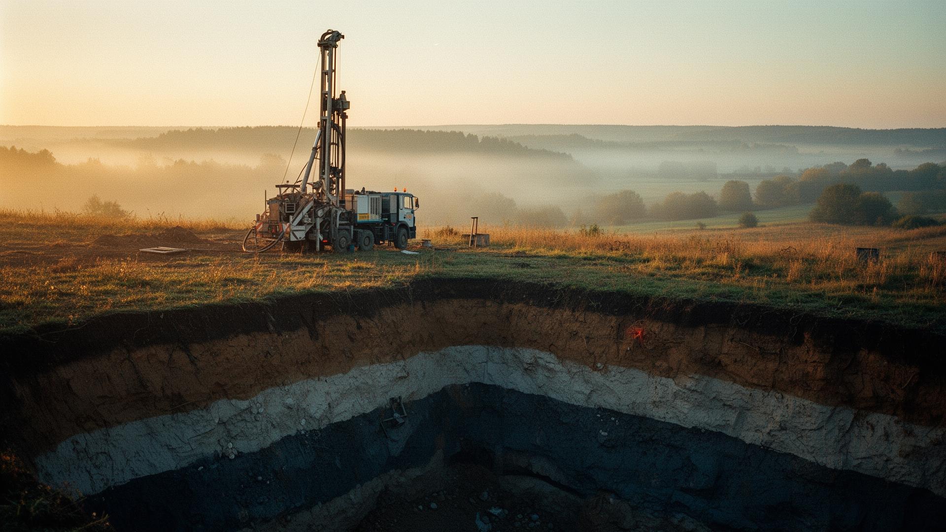 Wiertnia geologiczna o świcie nad odkrywką warstw geologicznych